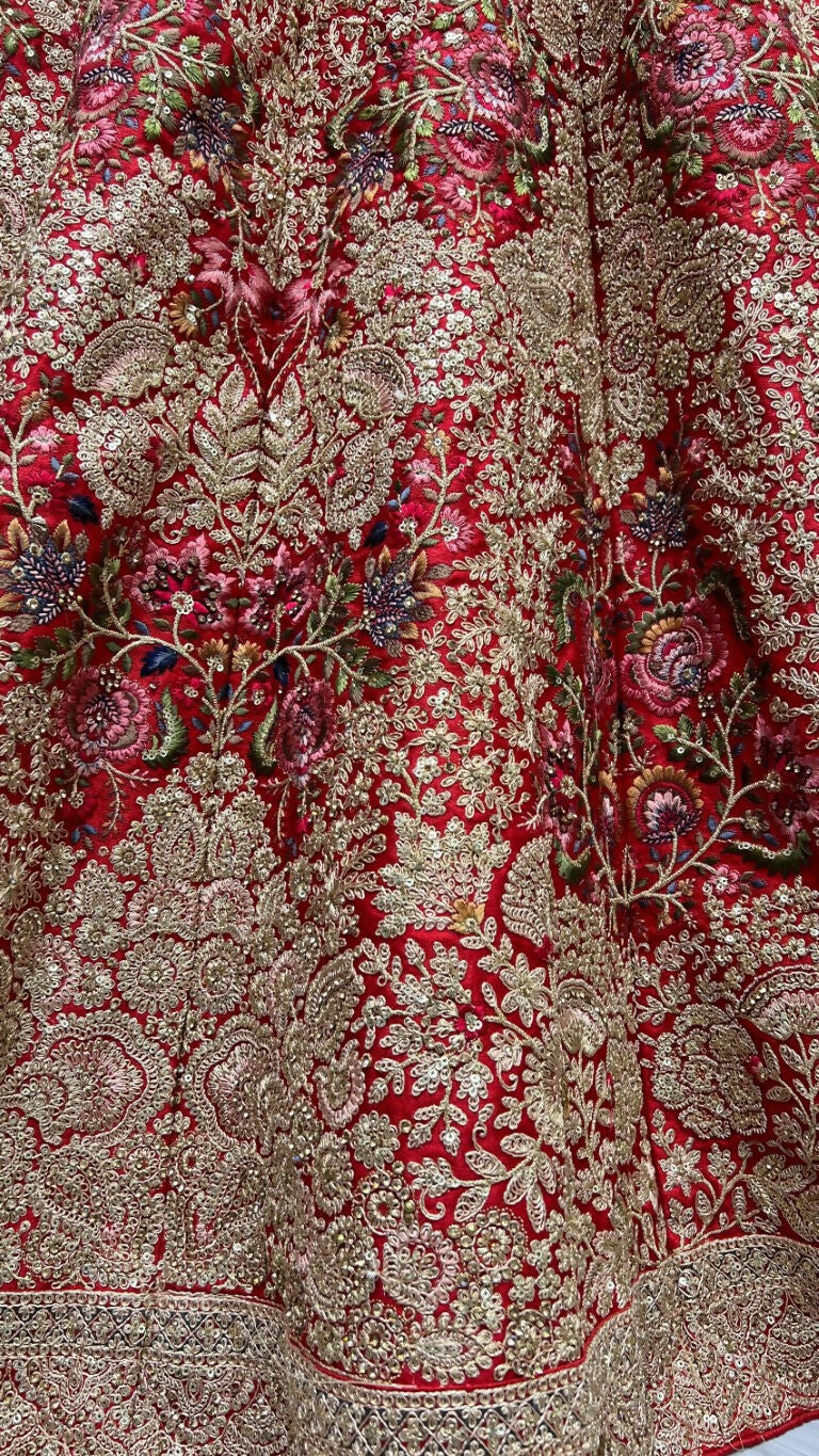 Jyoti Fashion Women's Red Silk Fancy Dori & Sequins Multi Thread Embroidered with Diamond Work Wedding Lehenga Choli | Swadesiicart