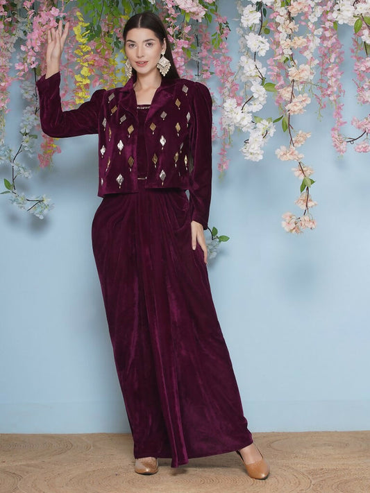 Joban Fashion Wine Hand Embellished Jacket with inner and skirt - Swadesiicart