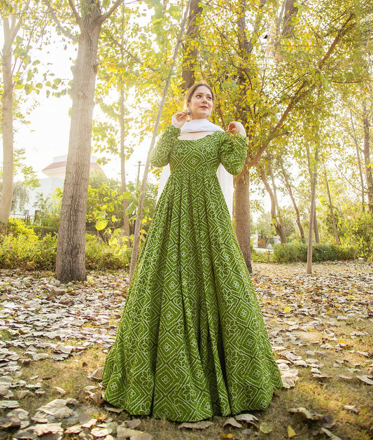 Green Pure Maslin Bandhej Print Work Stitched Suit With Dupatta - Anbazaar | Swadesiicart