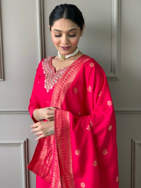 Partywear Designer Viscos Chanderi Red Stitched Suit With Dupatta - Tanisha | Swadesiicart