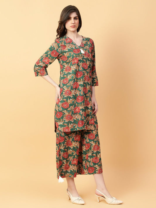 Joban Fashion Green Cotton Printed & Hand Work Co-ord Set - Swadesiicart