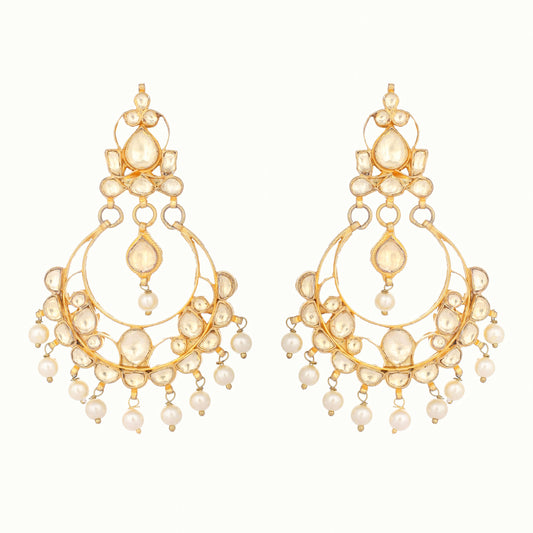 Nuyug 22K Gold Plated Kundan Studded Contemporary Shaped Pearl Drop Chandbalis | Swadesiicart
