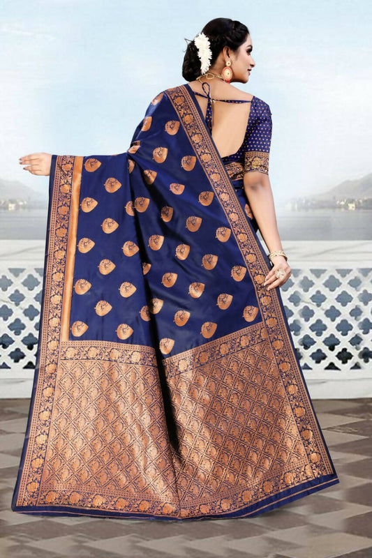 DEIANA'S Beautiful Designer Golden zari Soft Lichi Silk Saree - Blue - Swadesiicart