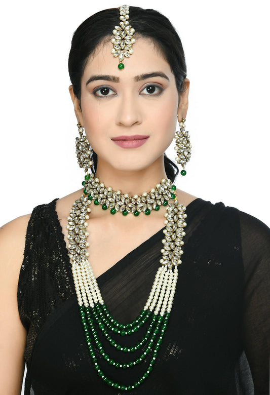Mominos Fashion Johar Kamal Gold-Polished Rani Haar with Green and Off white Pearls Jewellery Set