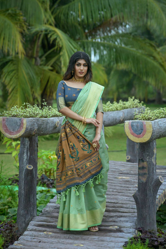 Vishnu Weaves Women's Sea Green Cotton Silk Zari Woven Saree with Blouse - Swadesiicart