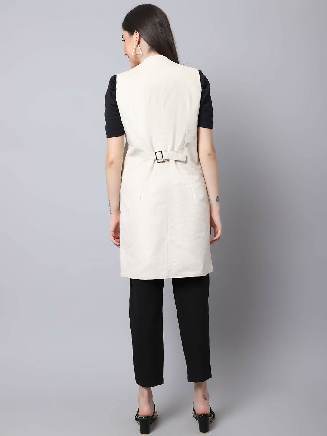 Even Apparels White Polywool Open Front Corduroy Women's Long Coat | Swadesiicart