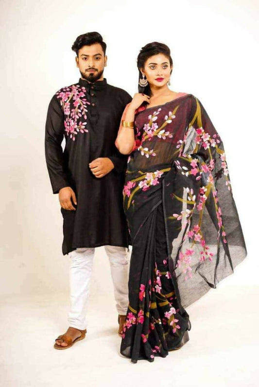 Exclusive Collection Elegant Hand Printing Designe On Pure Cotton Swadesiicart And Men's Kurta - Black