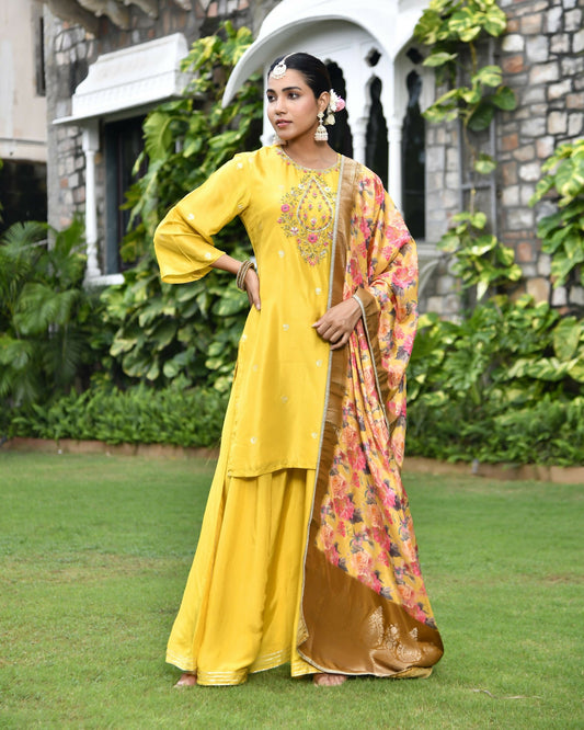 Vaasva Women's Silk Mustard Emboidered Solid Kurta, Sharara & Dupatta Set | Swadesiicart