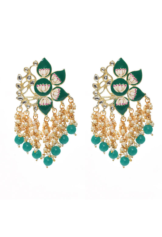 Mominos Fashion Johar Kamal Gold-Polished Kundan Green Meenakari Earrings - Mominos Fashion