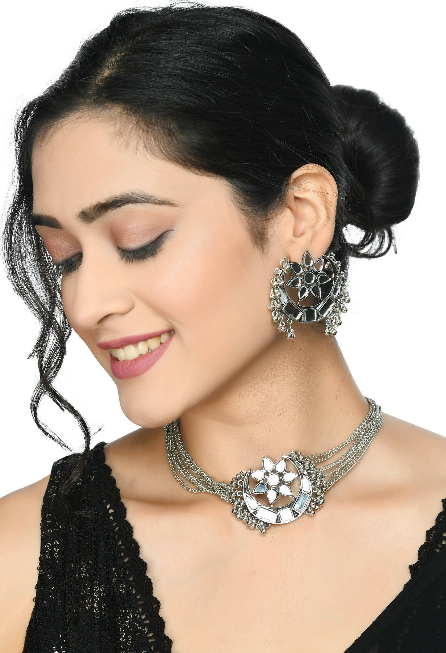 Mominos Fashion Johar Kamal Silver-Plated Brass Finish Mirror Work Choker For Women | Swadesiicart