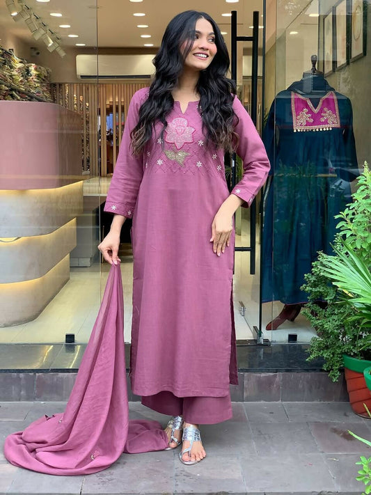 The52 Peach Women's Gorgeous Embroidered Cotton Fabric Straight Kurta Pant with Dupatta Set - Swadesiicart