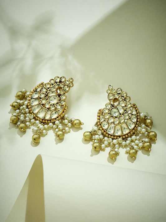 Nuyug 22K Gold-Plated Kundan Stone Studded & Pearl Drop Beaded Crescent Shaped Chandbalis | Swadesiicart