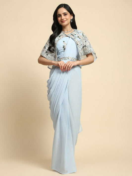 Blue Chiffon Solid Ready to wear Saree with stitched Blouse - Aayan | Swadesiicart