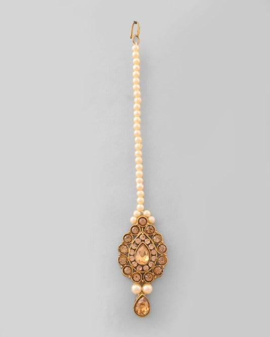 VOJ Gold-Polished Stone Studded Choker Necklace With Earrings And Manag Tikka Set