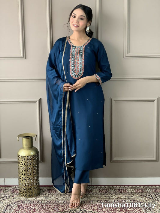 Blue Viscose Chanderi Stitched Suit With Dupatta - Tanisha | Swadesiicart