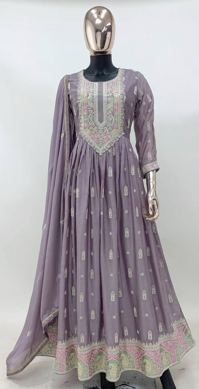 Lorenvalley Fashion Lavender Chinon Embroidery With Sequince Work Gown Stitched | Swadesiicart