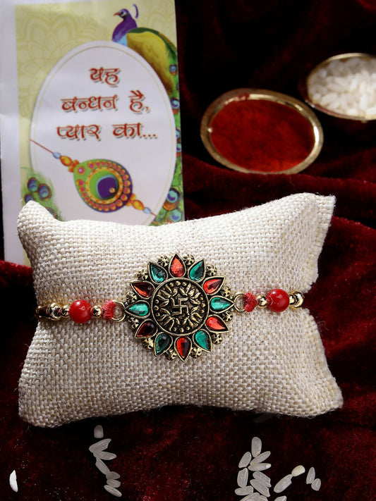 NVR Men Red & Gold-Toned Stone-Studded Rakhi With Roli Chawal & Chocolate | Swadesiicart