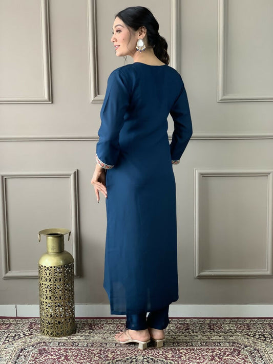 Blue Viscose Chanderi Stitched Suit With Dupatta - Tanisha | Swadesiicart