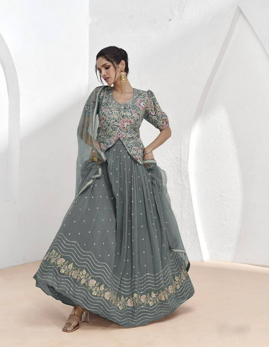 Lorenvalley Fashion Grey Faux Georgette Embroidery with Sequince Work Salwar Lehenga Stitched | Swadesiicart