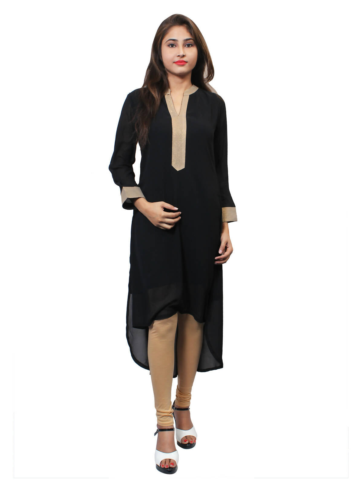 Women's Black Kurti With Zari Placket, Up Down Look - G & A Apparels | Swadesiicart