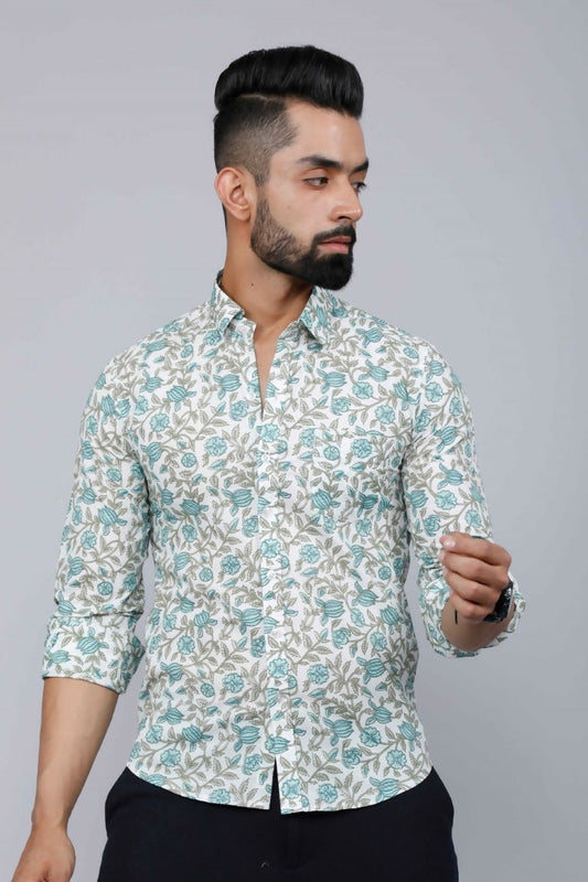 Miravan Men's Spread Collar White & Green Floral Print Slim Fit Shirt | Swadesiicart