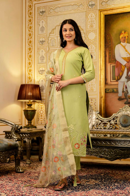 The52 Lemons Women's Beautiful Viscose Shimmer Fabric Embroidered Work Straight Kurta Pant and Dupatta Set - Swadesiicart