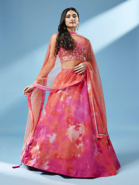 House of Panchhi Orange Organza Shibori Printed Lehenga choli & Dupatta | Swadesiicart