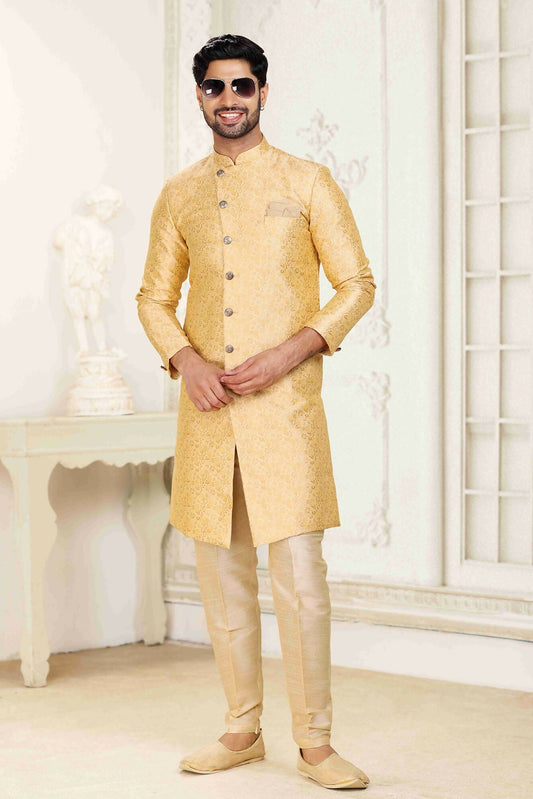 Raivat Ethnic Banarasi Jacquard Embroidery Semi Indo Western Sherwani In Cream Beige Colour | Swadesiicart