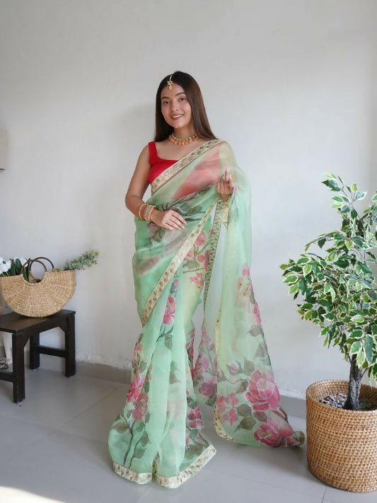 Vamsee Nilam Green Organza Saree - Swadesiicart