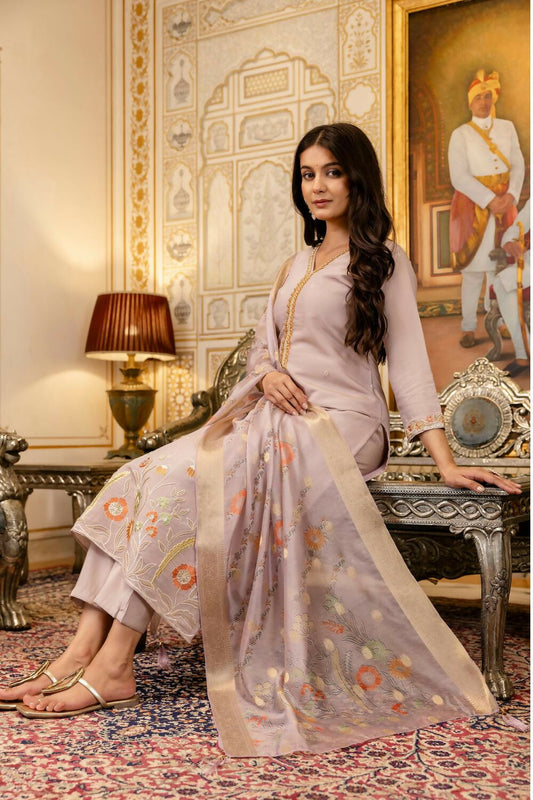 The52 Lavender Women's Beautiful Viscose Shimmer Fabric Embroidered Work Straight Kurta Pant and Dupatta Set - Swadesiicart