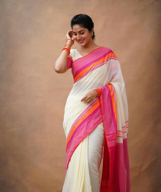 Exclusive Collection Off White Beautiful Khadi Cotton Handloom Saree - Swadesiicart