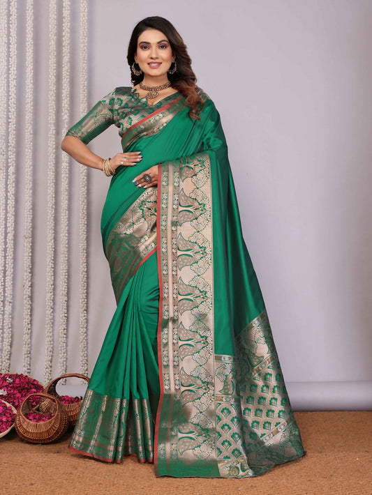 Joban Fashion Green Woven Banarasi Silk Sarees | Swadesiicart