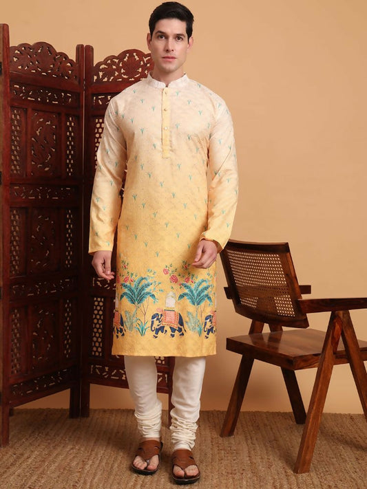 Yellow Cotton Printed Chikankari Embroidery Work Kurta - Mahotsav | Swadesiicart