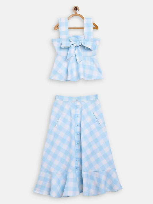 Ahalyaa Sky Blue Rayon Checked Kids Top With Skirts For Girls | Swadesiicart