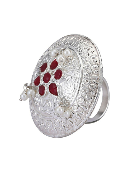 Joban Fashion Women Red Stone Silver Tone Ring | Swadesiicart