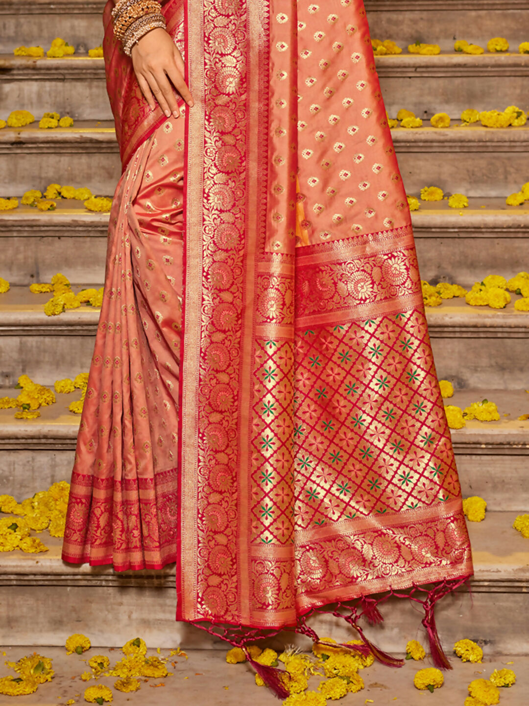Astita Banarasi Silk Peach Saree | Swadesiicart