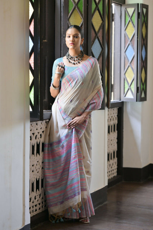 Vishnu Weaves Women's Firozi Muga Cotton Saree with Blouse - Swadesiicart