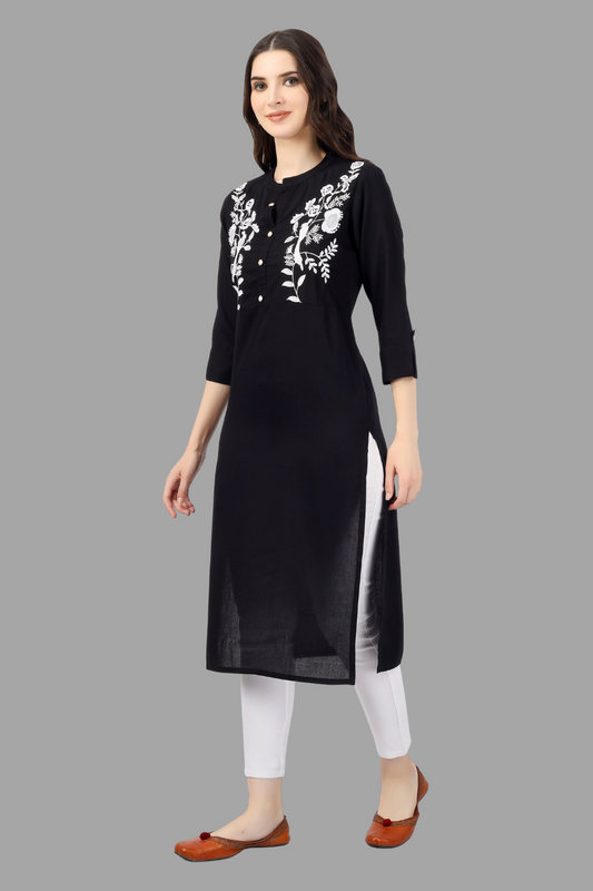 House of RP Women's Black Rayon Chicken Embroidered Straight Kurta | Swadesiicart