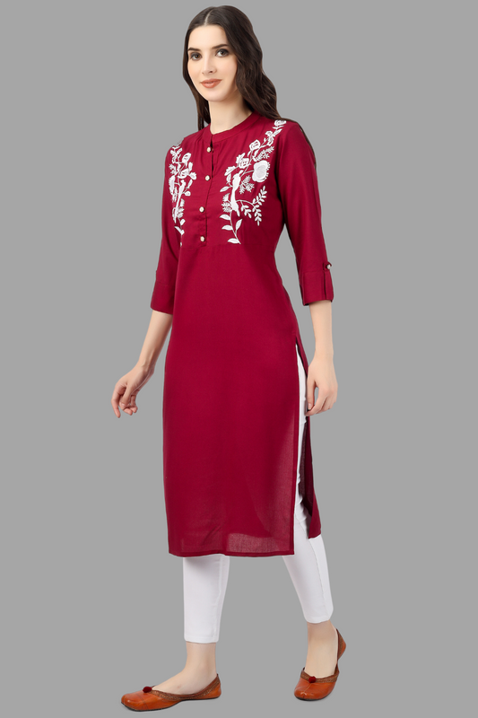 House of RP Women's Maroon Rayon Chicken Embroidered Straight Kurta | Swadesiicart