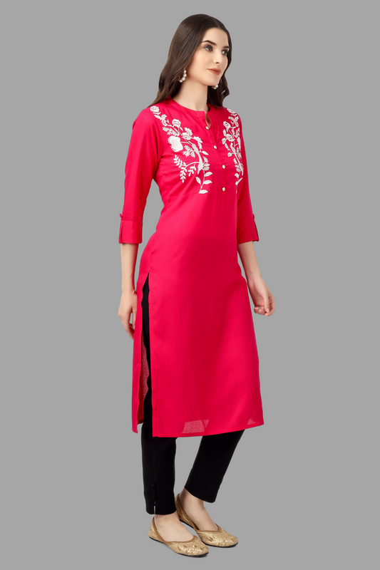 House of RP Women's Pink Rayon Chicken Embroidered Straight Kurta | Swadesiicart