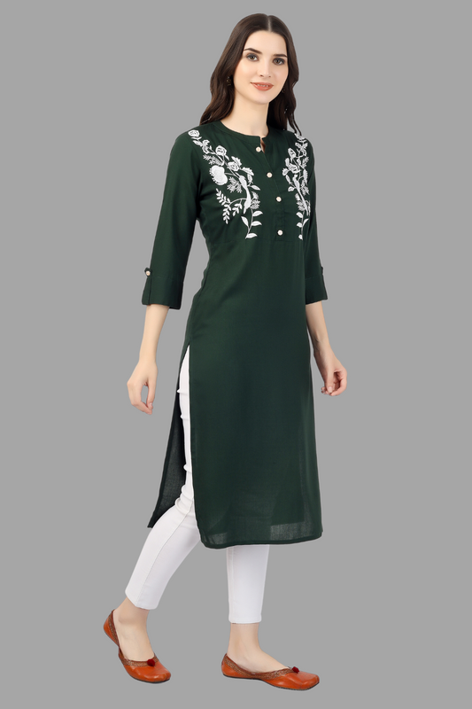 House of RP Women's Green Rayon Chicken Embroidered Straight Kurta | Swadesiicart