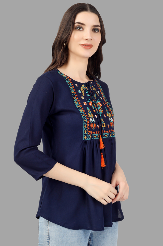 House of RP Women Blue Rayon Embroidered Flared Tunic | Swadesiicart