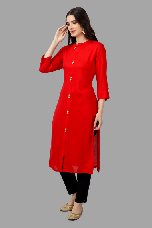 House of RP Women's Red Rayon Solid Frontslit Straight Kurta | Swadesiicart
