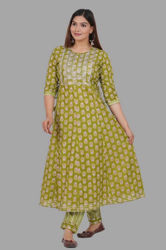 House of RP Women's Green Cotton Floral Yoke Embroidered Anarkali Kurta & Pant Set | Swadesiicart