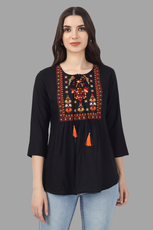 House of RP Women Black Rayon Embroidered Flared Tunic | Swadesiicart