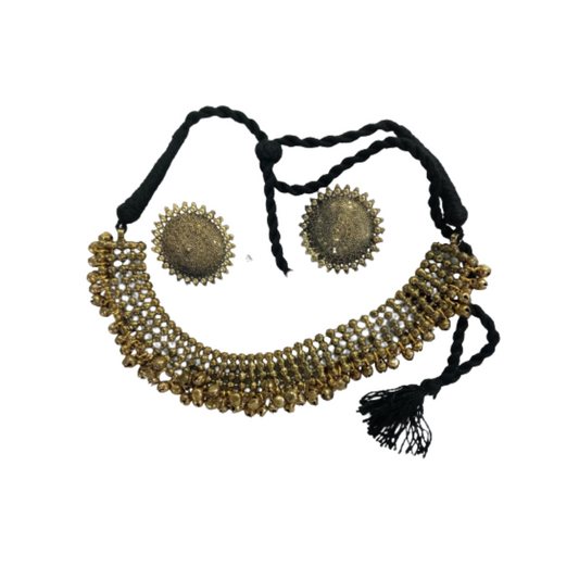 Mominos Fashion Johar Kamal Oxidised Gold-Polished Brass Finish Ghungroo Design Choker Set | Swadesiicart