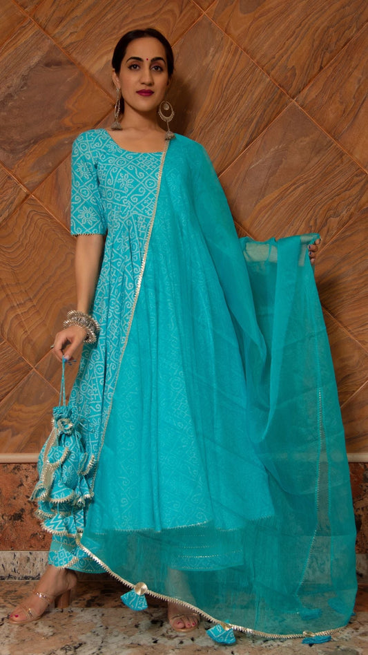 Pomcha Jaipur Bandhej Blue Cotton Anarkali Set | Swadesiicart