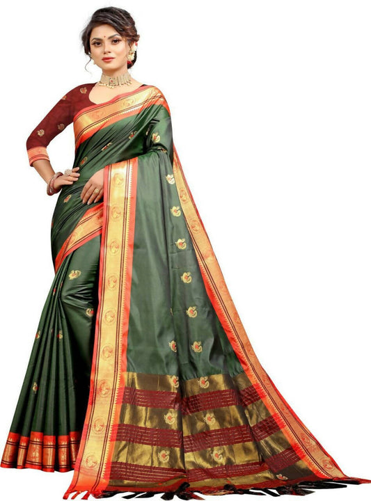 DEIANA'S Beautiful Designer Golden zari Soft Lichi Silk Saree - Green - Swadesiicart