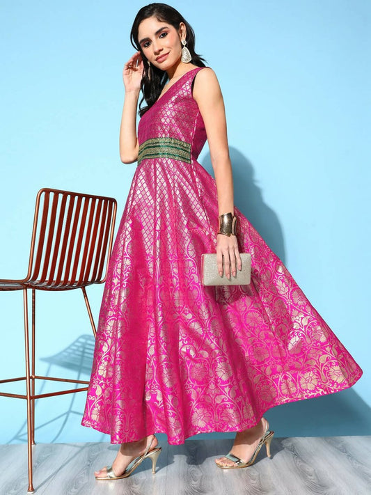 Ahalyaa Women Pink Poly Silk Gold Printed Dress | Swadesiicart