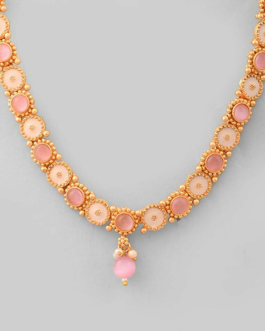 VOJ Gold Tone Pink Stone Studded Jewellery Set